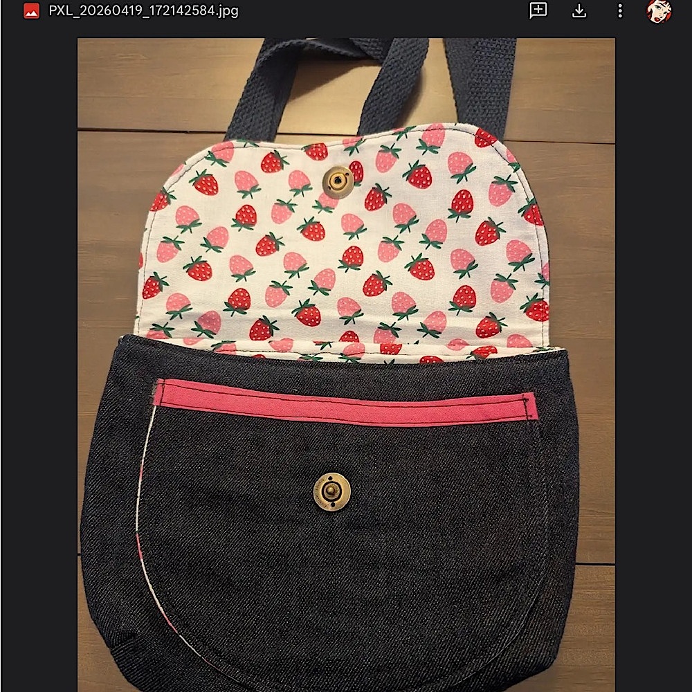 Upcycle dark Denim Crossbody Bag with strawberries Handmade !
